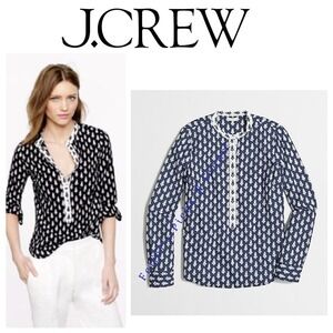 J.Crew Band Collar Block Print Blouse – Navy Floral, Size XXS